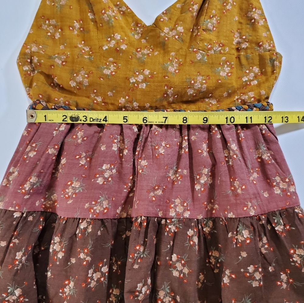 7633 * Storia Patchwork Floral Ruffle Mini Romper Mustard Brown Blue Size S - Picture 9 of 10